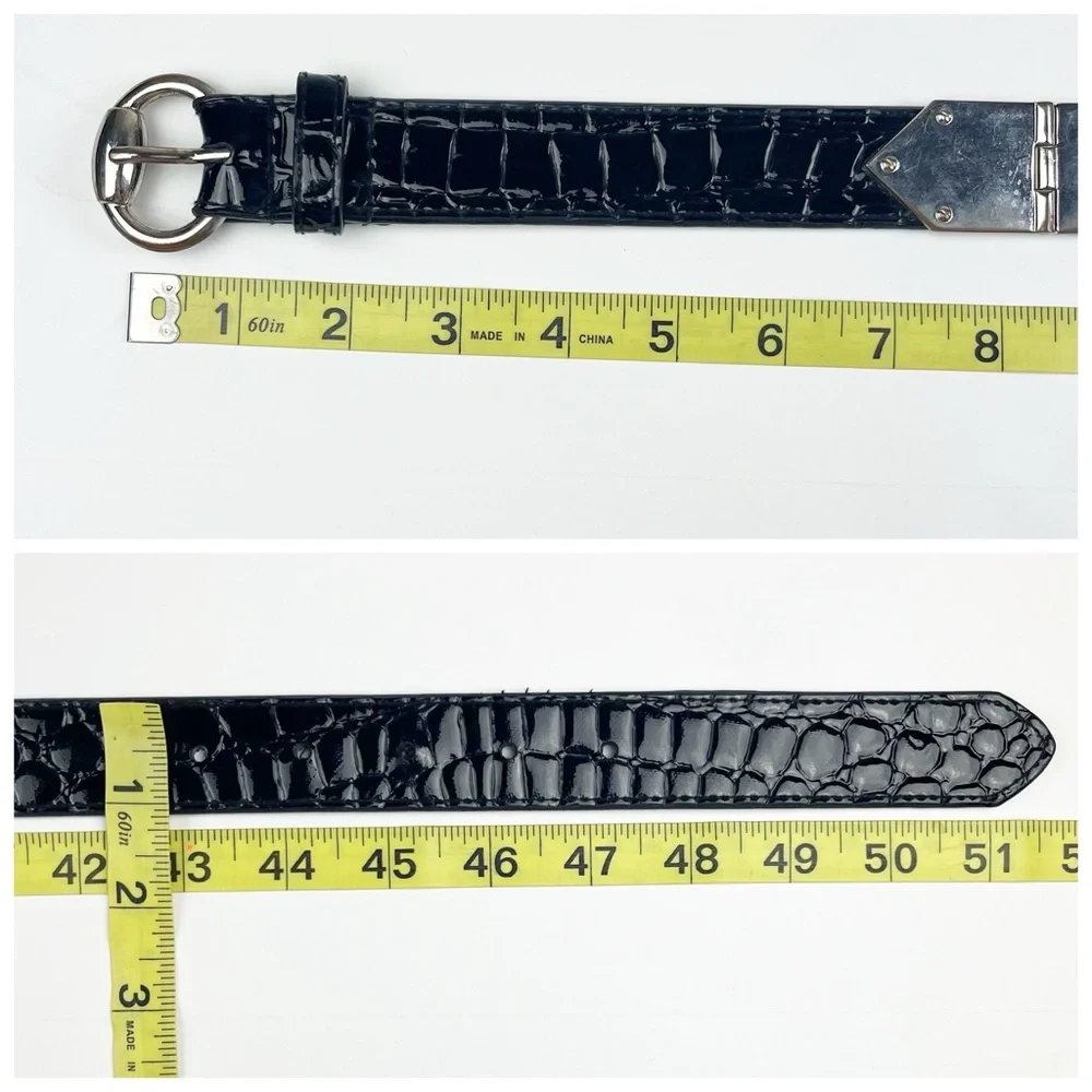 Chico’s Black Embossed Patent Leather Belt Silver Accents